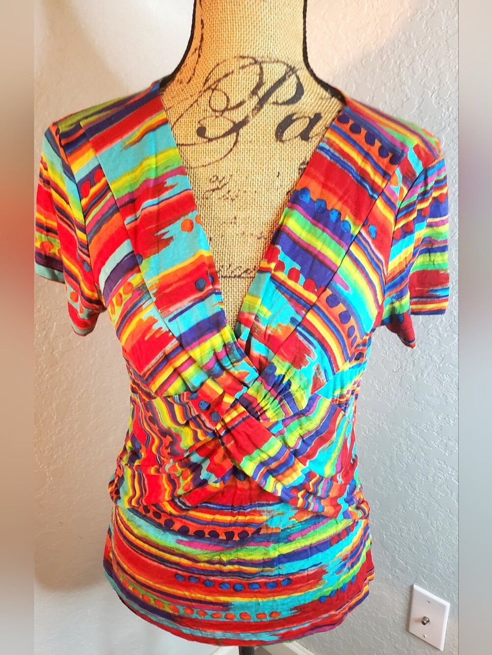Cable & Gauge Multicolor Striped Wrap-Front Short Sleeve Top